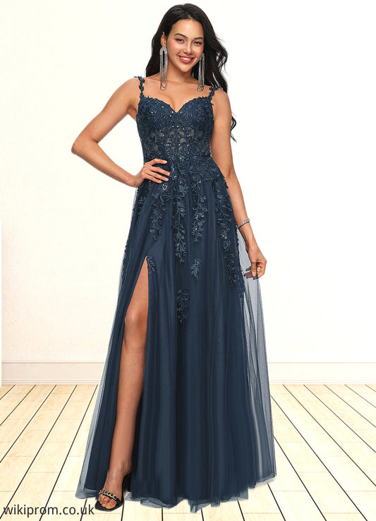 Janet A-line V-Neck Floor-Length Tulle Prom Dresses With Sequins SWKP0022224