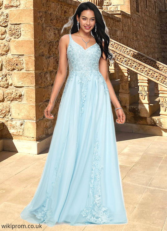 Jaiden A-line V-Neck Floor-Length Tulle Prom Dresses With Rhinestone Appliques Lace Sequins SWKP0022225