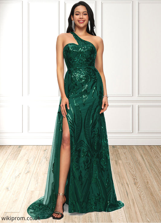 Diana Trumpet/Mermaid One Shoulder Sweep Train Sequin Prom Dresses With Sequins SWKP0022226