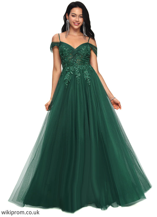 Eve A-line Off the Shoulder Floor-Length Tulle Prom Dresses With Appliques Lace Sequins SWKP0022231