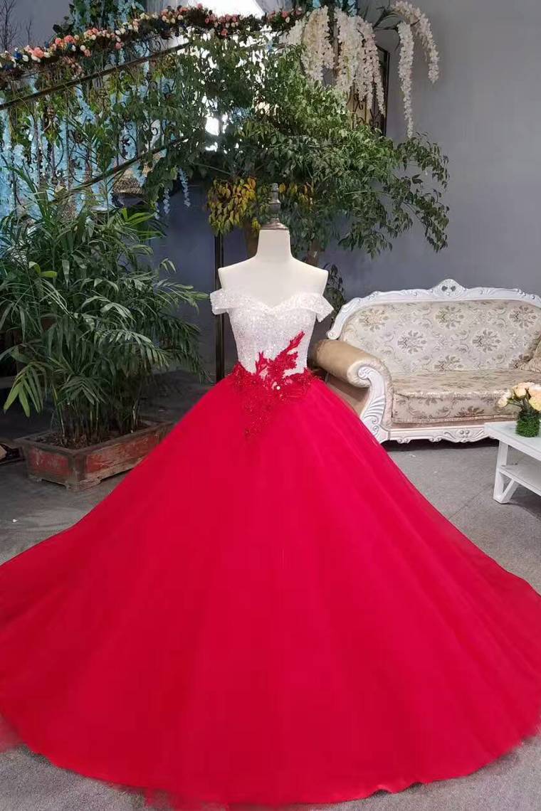 New Arrival Off The Shoulder Lace Up Red Wedding Dresses/Quinceanera Dresses With Sequins