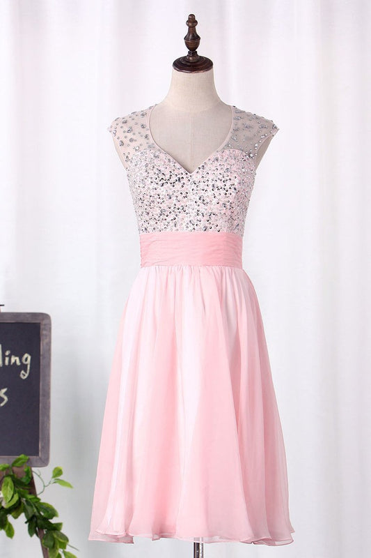 A Line V Neck Homecoming Dresses Open Back Beaded Bodice 30D Chiffon