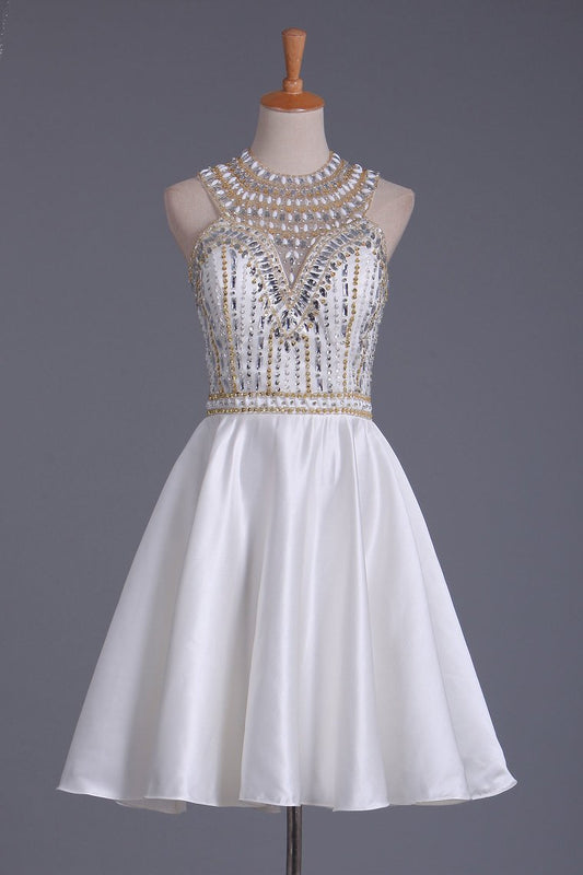 New Arrival Scoop Beaded Bodice Homecoming Dresses A Line Satin