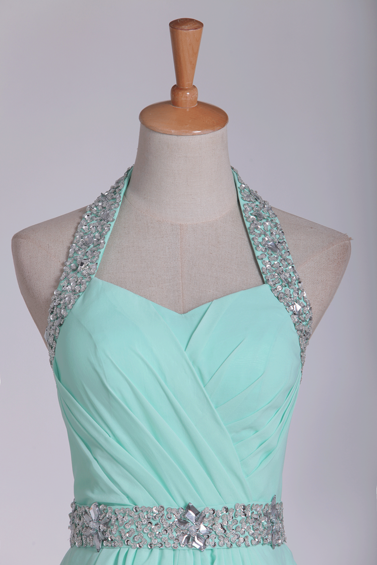 Mint Homecoming Dresses Halter A-Line Short/Mini Chiffon With Beading