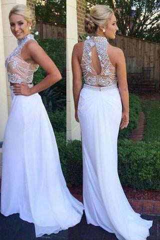 Fabulous Two Piece High Neck Mermaid White Prom Dress with Beading Open Back WK606