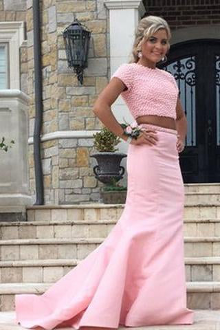 New Arrival 2 Piece Sweep Train Pearl Pink Prom Dress with Pearl Open Back WK600