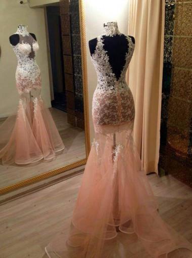 Exclusive High Neck Sweep Train Illusion Mermaid Peach Prom Dress with Lace WK590