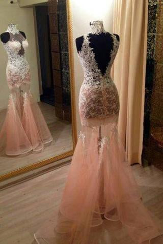 Exclusive High Neck Sweep Train Illusion Mermaid Peach Prom Dress with Lace WK590