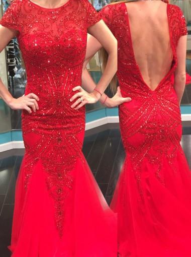 Elegant Jewel Short Sleeves Red Mermaid Prom Dress with Beading Backless WK593