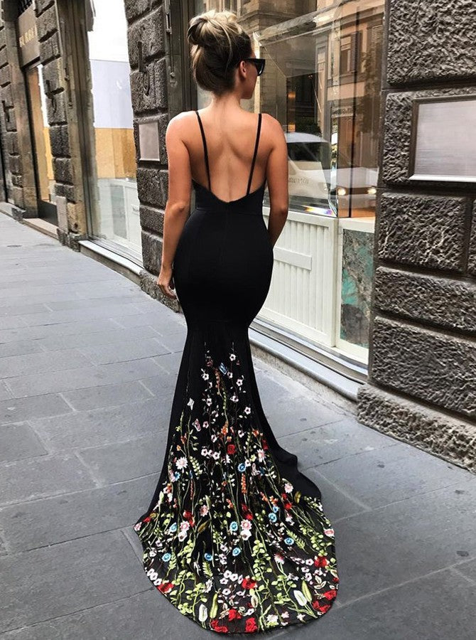 Mermaid V-Neck Court Train Black Stretch Satin Spaghetti Straps Prom Dress with Appliques WK461