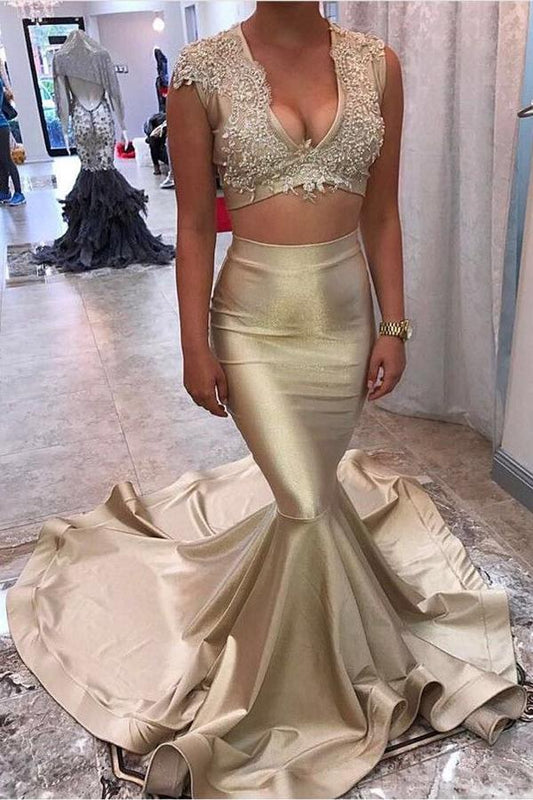 Two Piece V-Neck Court Train Sleeveless Gold Satin Appliques Sleeveless Prom Dresses WK278