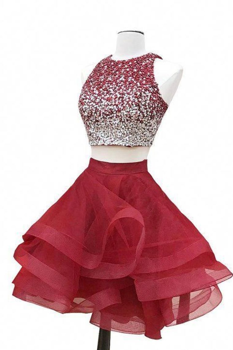 Scoop Homecoming Dresses Two-Piece Beaded Bodice Tulle Short