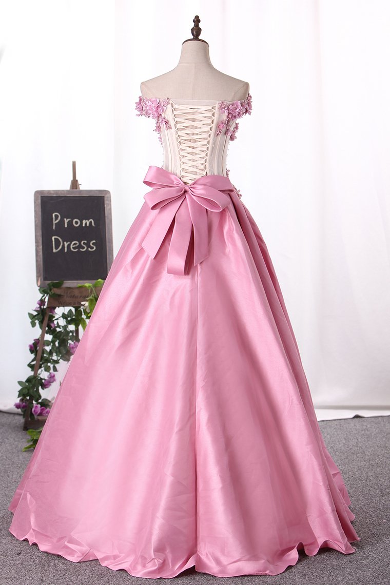 New Arrival Prom Dresses Off The Shoulder Satin With Appliques And Handmade Flowers