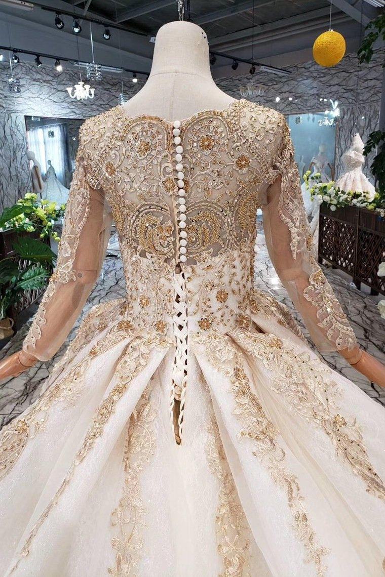 New Prom Dresses Long Sleeves Ball Gown Scoop With Applique&Beads Lace Up Back