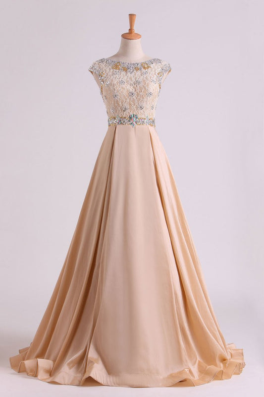 Prom Dresses Bateau Ball Gown Lace Bodice With Long Taffeta Skirt Sweep Train