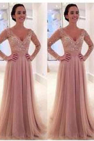 Long Sleeves V-neck Tulle Prom Dress with Detachable Train dusty pink sexy prom dress PD210187