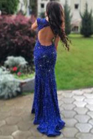 Royal Blue Jewel Sweep Train Lace Backless Mermaid Prom Dress with Beading N36