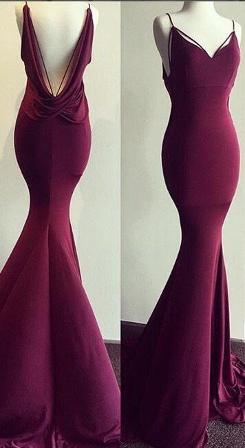 Sexy Mermaid Long Spaghetti Maroon Prom Dress Ball Gown Prom Dresses WK711