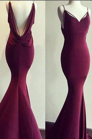 Sexy Mermaid Long Spaghetti Maroon Prom Dress Ball Gown Prom Dresses WK711