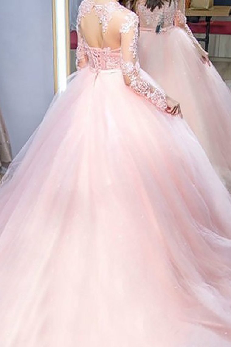 Pink Ball Gown Jewel Long Sleeves Sweep/Brush Train Lace Tulle Evening Dresses