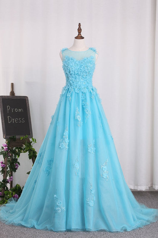 A Line Prom Dresses Tulle Bateau With Applique And Handmade Flower Sweep Train