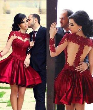 Short Ball Gown High Neckline with Long Sleeves Lace Dark Wine Red Backless Lace Prom Dress WK24