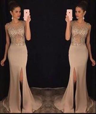 New Elegant Round Neck Sequin Mermaid Chiffon Long with Slit Beads Prom Dresses WK772