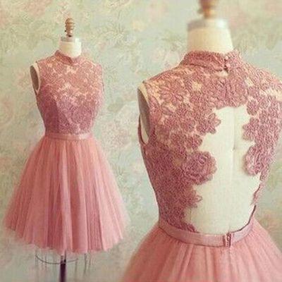 Short Prom Dresses uk High Neck Sleeveless Tulle Pink Lace Homecoming Dress pst1062