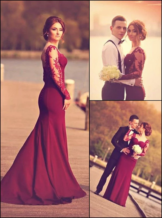 A-Line Sweetheart Long Sleeve Burgundy Prom Dress With Lace Appliques WK98