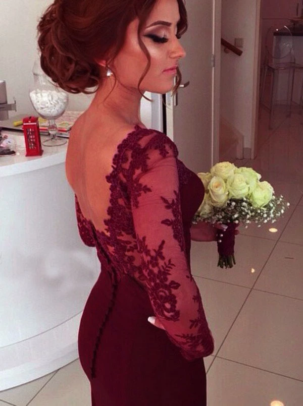 A-Line Sweetheart Long Sleeve Burgundy Prom Dress With Lace Appliques WK98