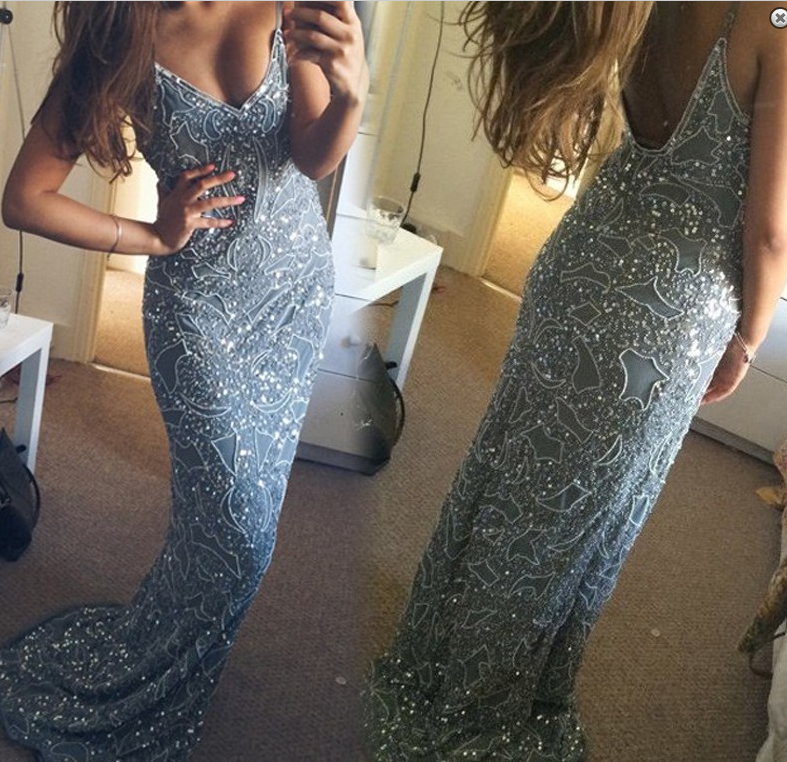 Stunning Mermaid Spaghetti Straps Beading V-Neck Appliques Long Prom Dresses WK923