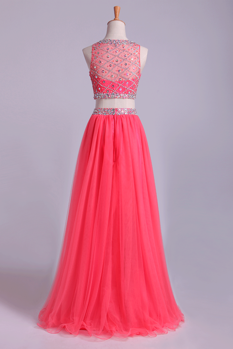 Two-Piece Bateau Beaded Bodice Princess Prom Dress Pick Up Tulle Skirt Floor Length