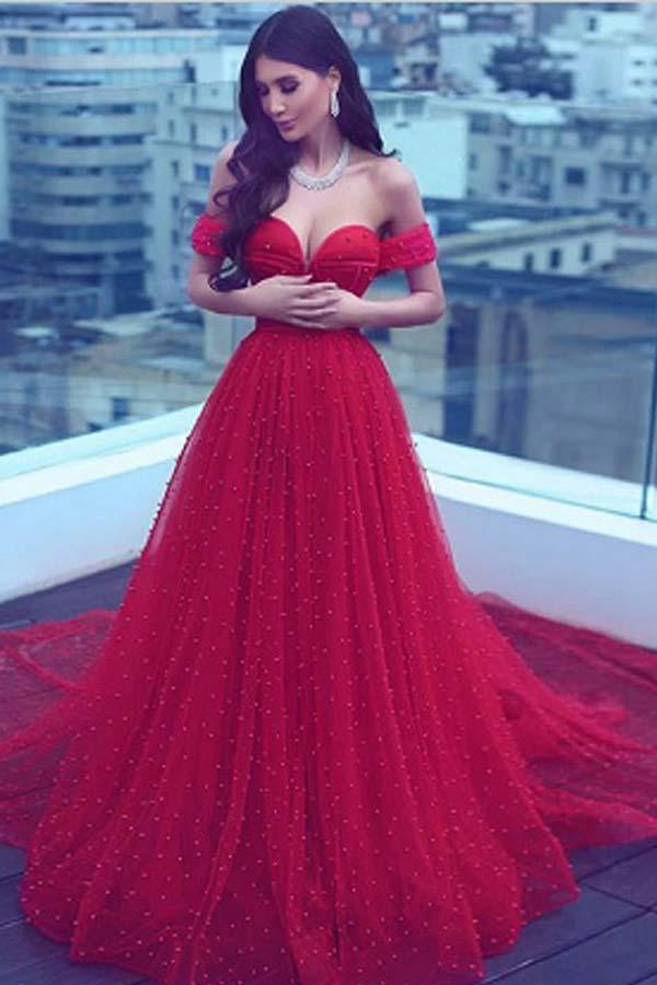 Gorgeous Tulle Red Off the Shoulder Sweetheart A-Line Lace up Wedding Dresses WK498