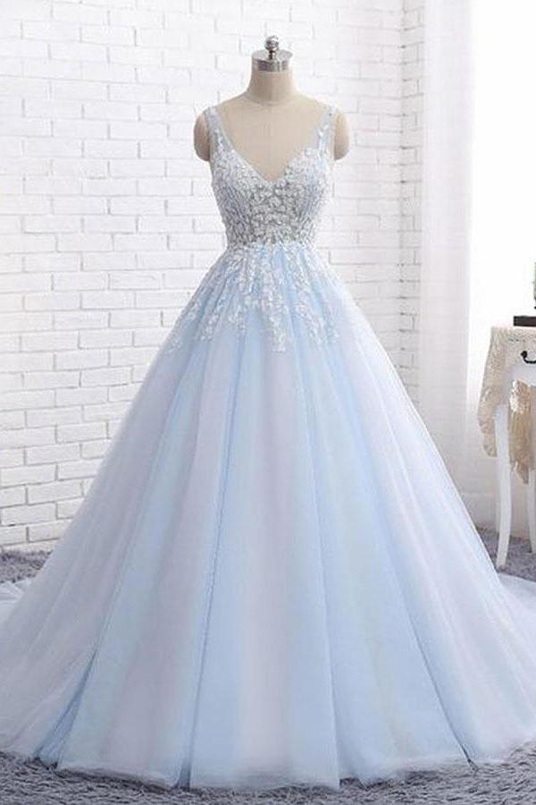 Sexy Ball Gown Tulle Sky Blue V-neck Appliques Brush Train Long Sleeveless Prom Dresses WK505