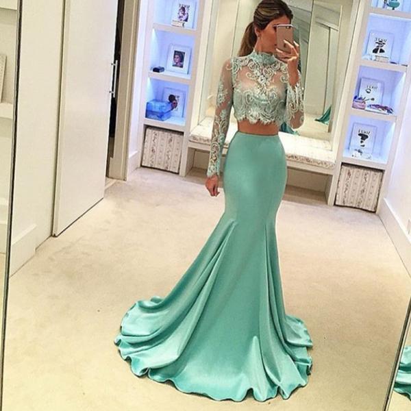 Pretty Two Pieces High Neck Long Sleeve Lace Prom Dress Sexy Mermaid Prom Dresses WK682