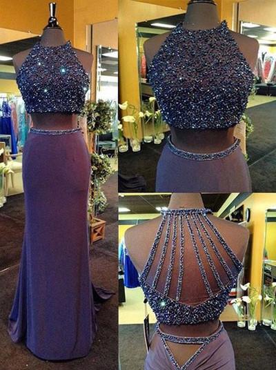 Two Piece Column Purple Sheath Crew Neck Sweep Train Beading Halter Formal Dresses WK51