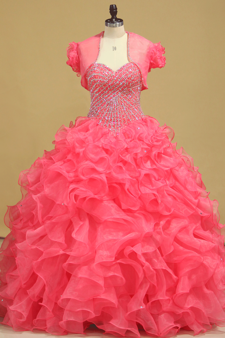 Beautiful Quinceanera Beaded Bodice Sweetheart Floor Length Ruffle Skirt Orange