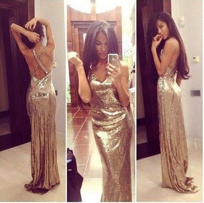 Sparkly Gold Sequins V-Neck Criss Cross Sleeveless Sheath Backless Prom Dresses uk BD086