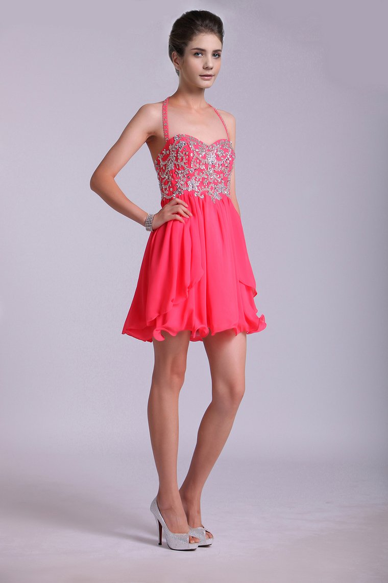 Homecoming Dresses A Line Halter Short/Mini Chiffon With Beading & Sequins