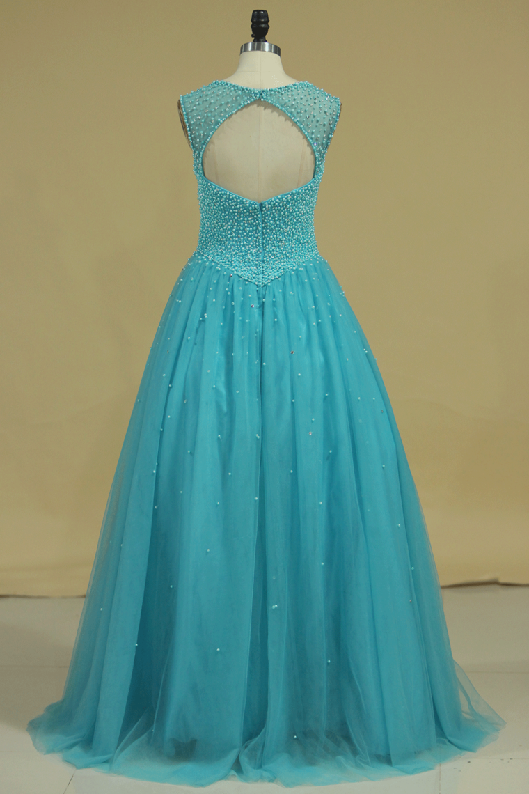 Open Back Scoop Beaded Bodice Tulle Quinceanera Dresses Floor Length