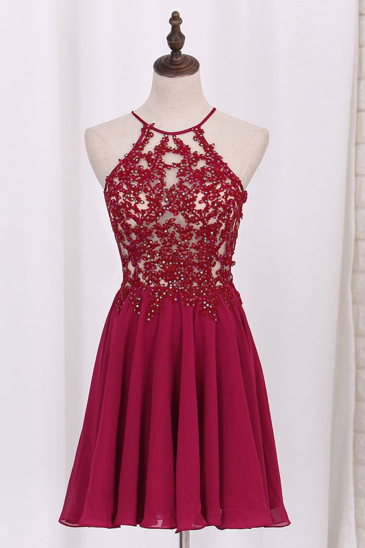 Spaghetti Straps Prom Dresses A Line 30D Chiffon With Applique Short/Mini