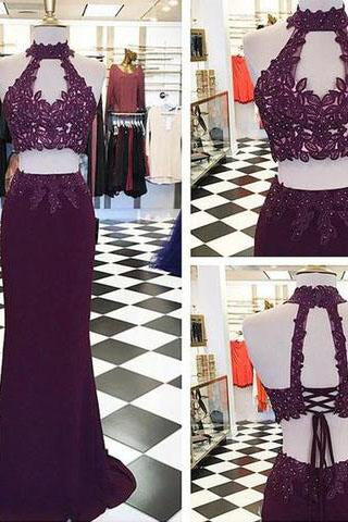 Beading Appliques Halter Stretch Satin Two Pieces Prom Dresses 2024 WK667