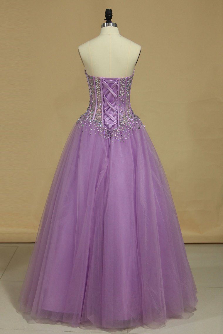 Sweetheart A-Line Prom Gown Sweep Train Tulle Beaded Bodice