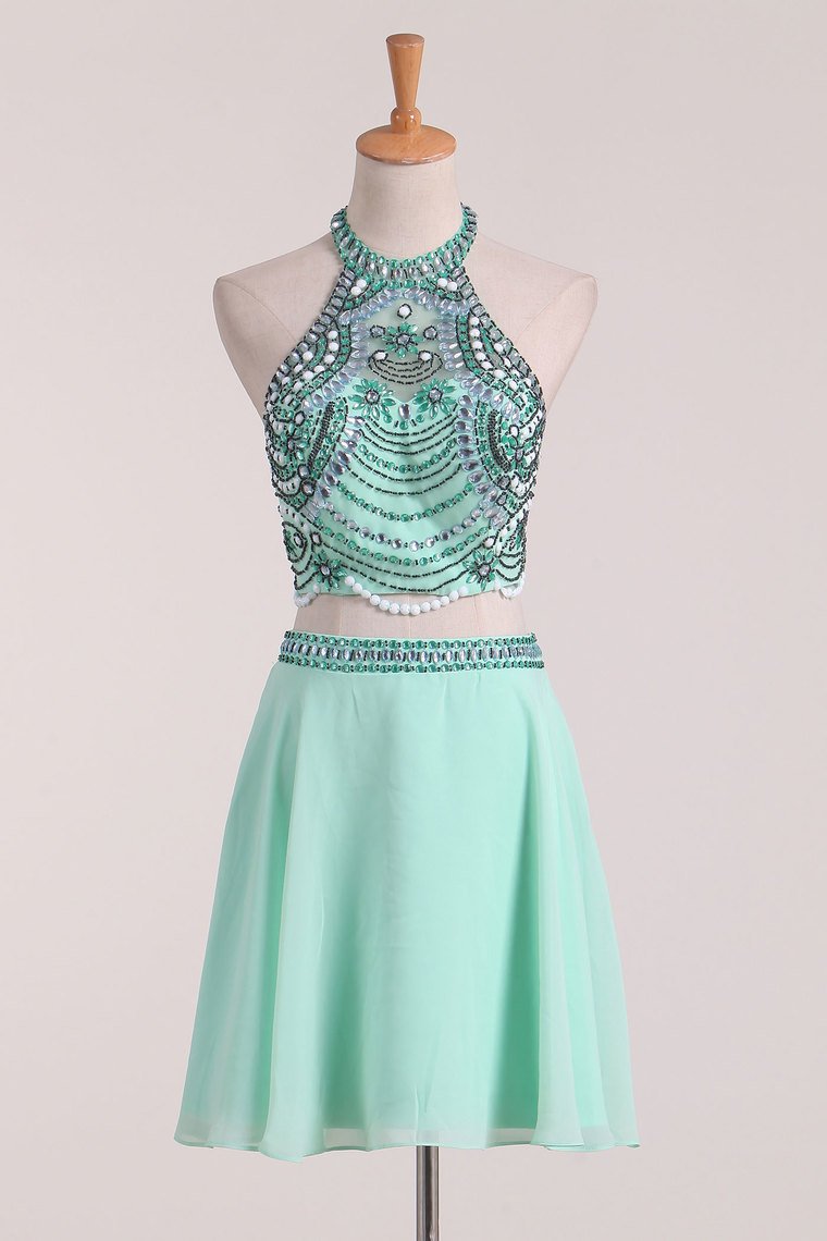 Halter Beaded Bodice Chiffon Homecoming Dresses A Line