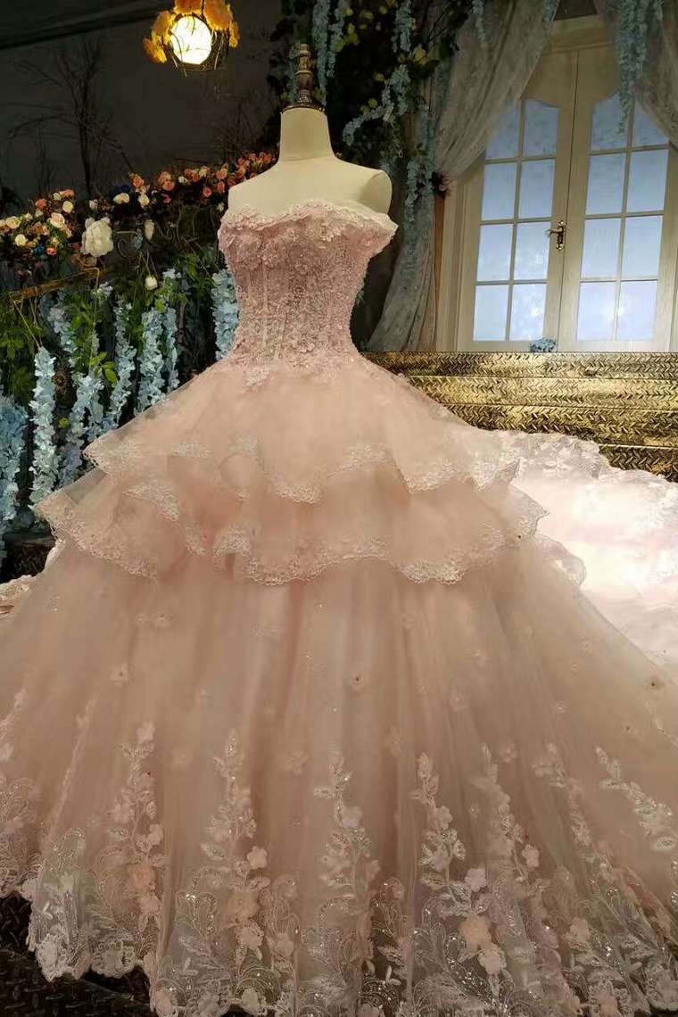 2024 Tulle Awesome Pink Wedding Dresses Off The Shoulder Lace Up With Appliques And Crystals