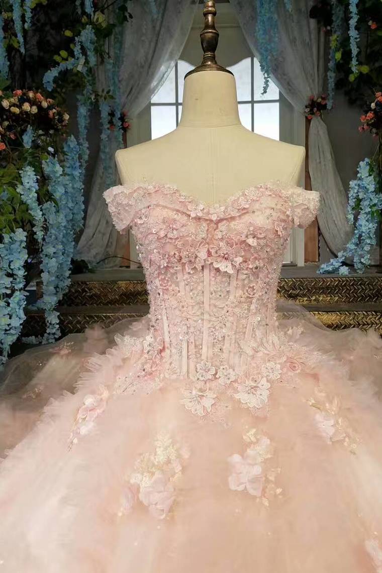 2024 Fantastic Pink Wedding Dresses Lace Up With Beads And Handmade Flowers Ball Gown