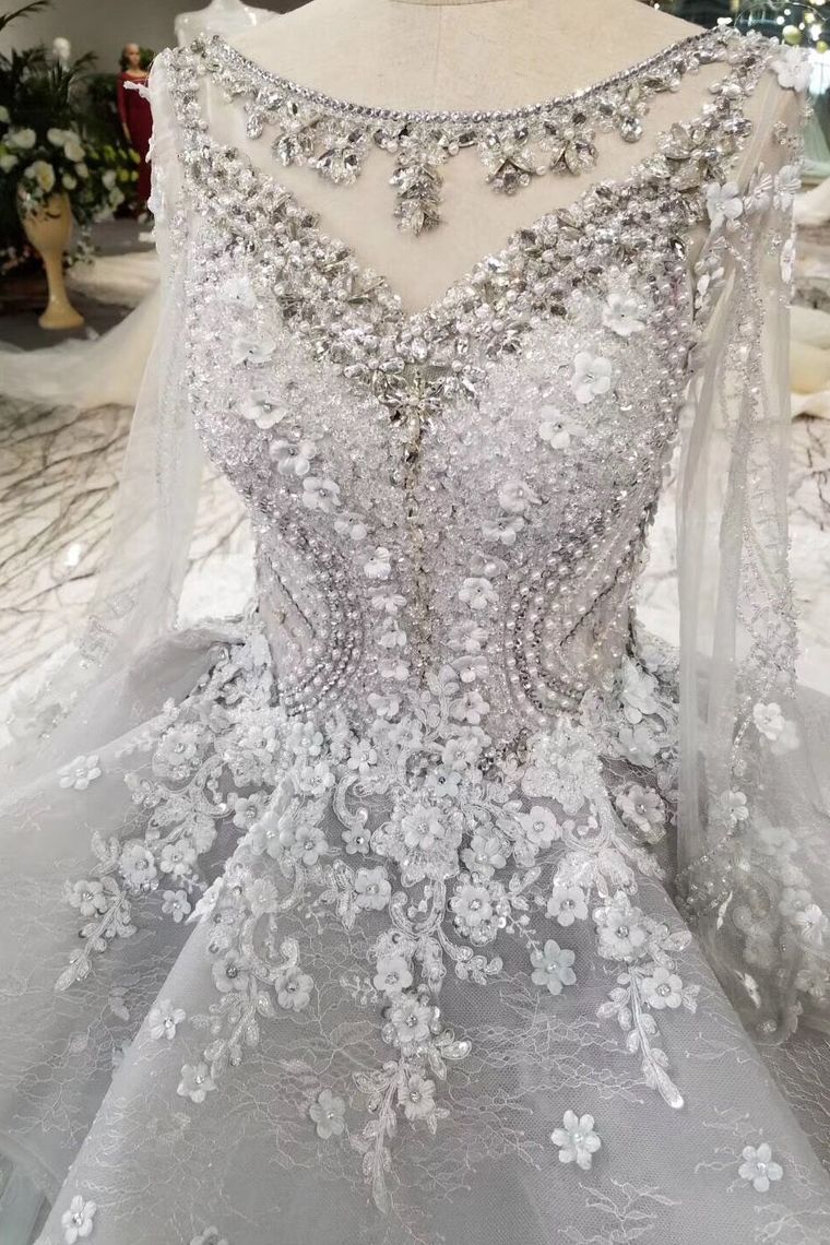 2024 Silver Wedding Dresses Ball Gown Long Sleeves Royal Train Top Quality Lace With Applique & Beading