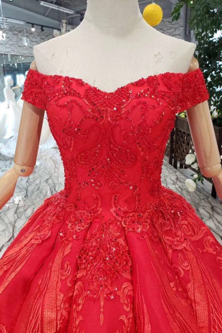 Red Off The Shoulder Lace Appliques Beads with Lace up Prom Dress Quinceanera Dresses WK788