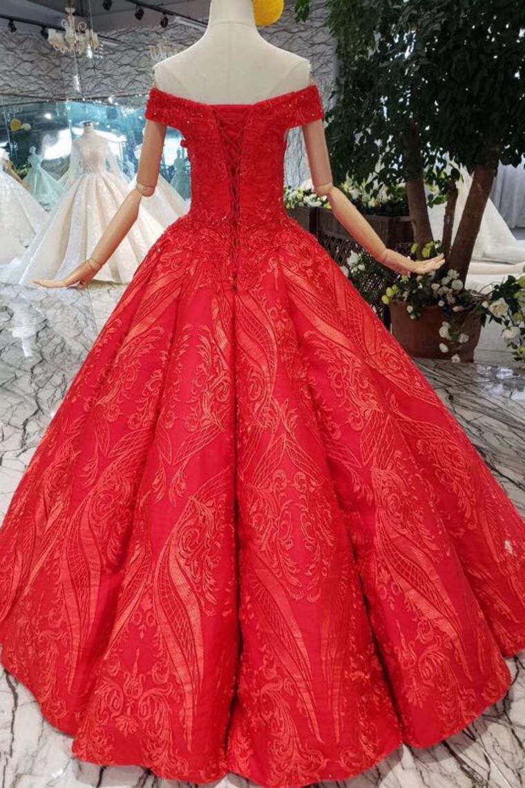 Red Off The Shoulder Lace Appliques Beads with Lace up Prom Dress Quinceanera Dresses WK788