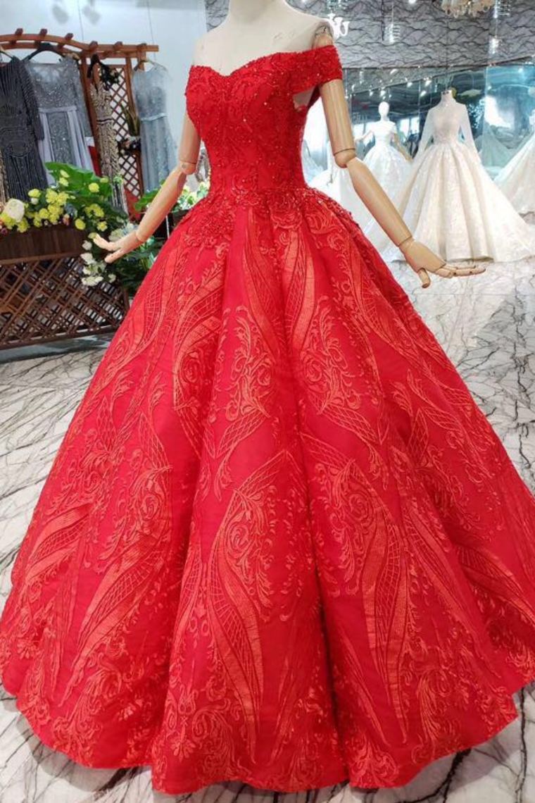 Red Off The Shoulder Lace Appliques Beads with Lace up Prom Dress Quinceanera Dresses WK788